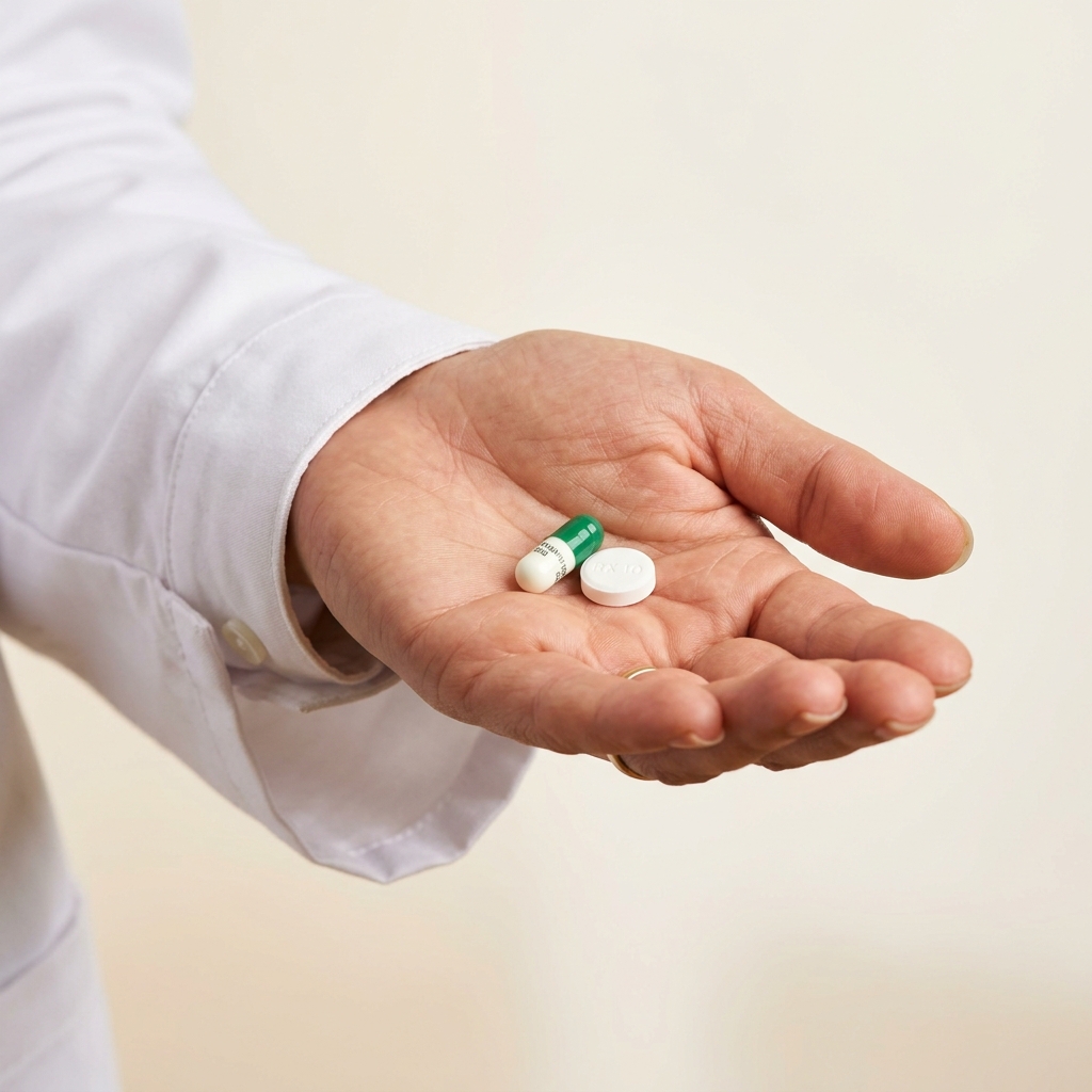 Pharmacist caring hand presenting medicines